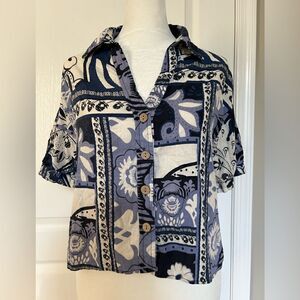 Christian Siriano Women’s Blue Floral Short Sleeve Linen/Rayon Shirt Size Small